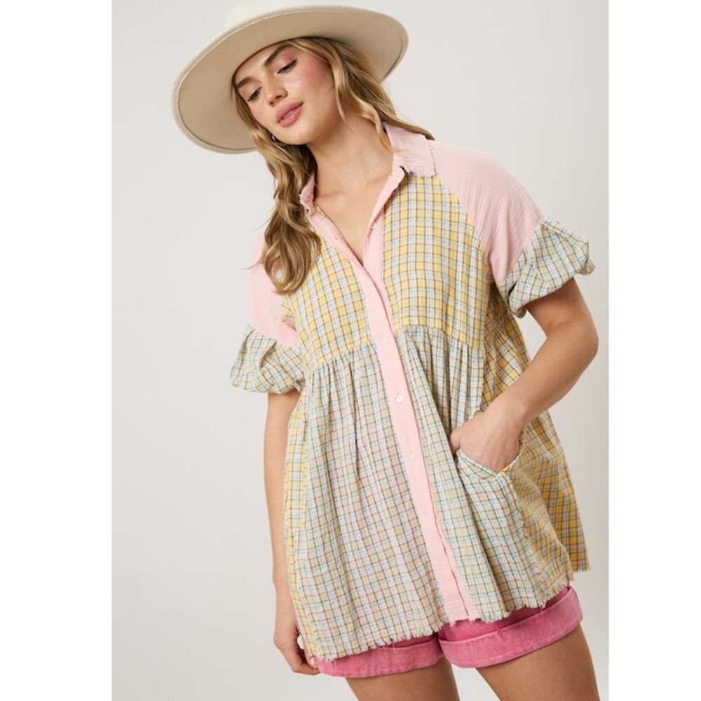 Fantastic Fawn Pink and Yellow Plaid Button-Down Babydoll Shirt NWOT